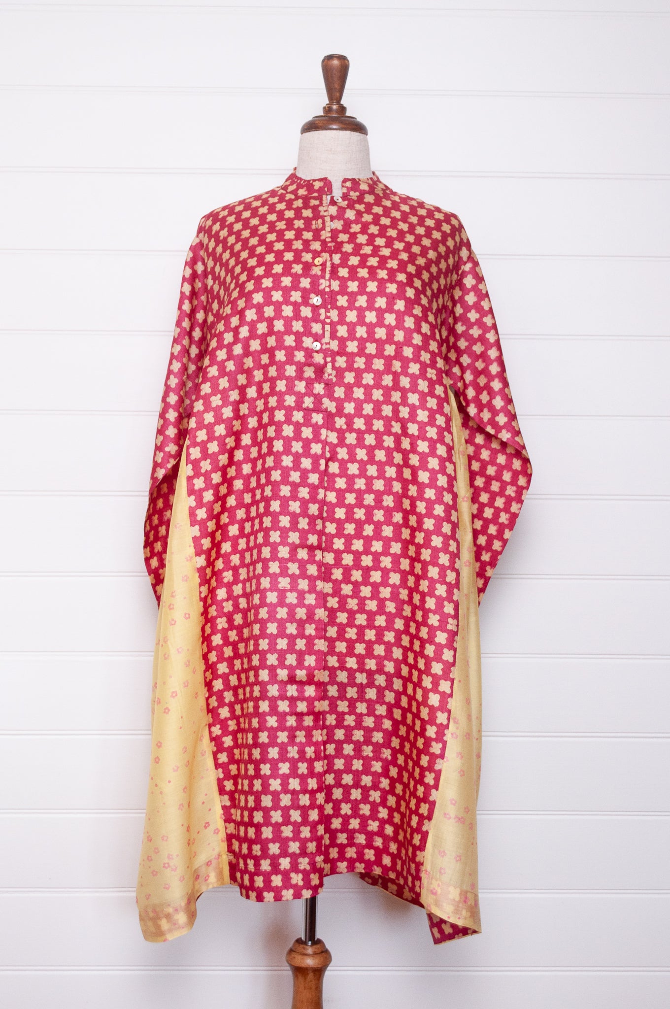 Blockprint tussar and cotton silk button up dress in red with yellow side panels.