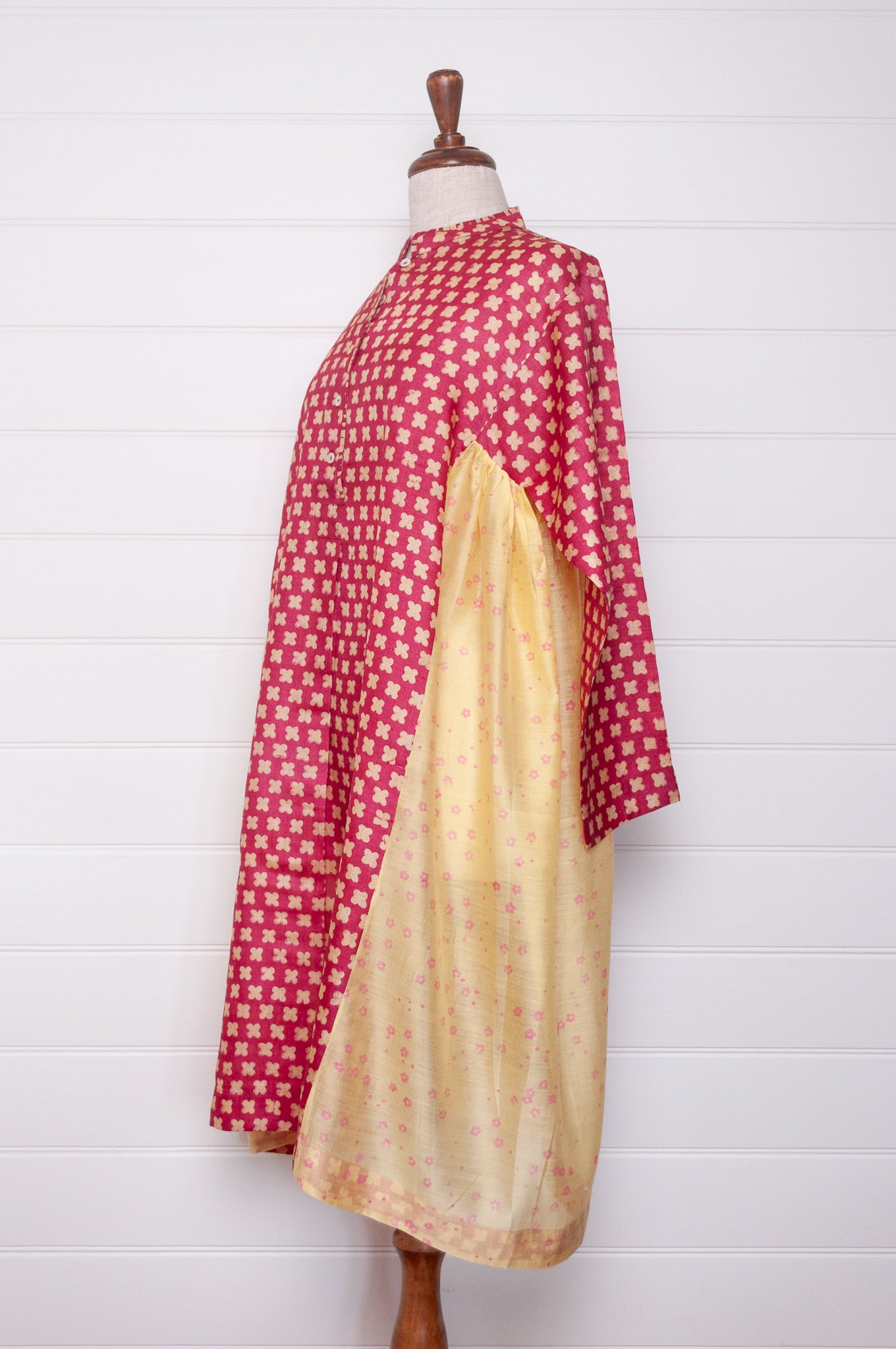 Blockprint tussar and cotton silk button up dress in red with yellow side panels.