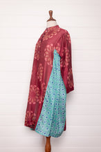 Load image into Gallery viewer, Blockprint cotton silk gathered side panel button up dress. In wine red and aqua blue.