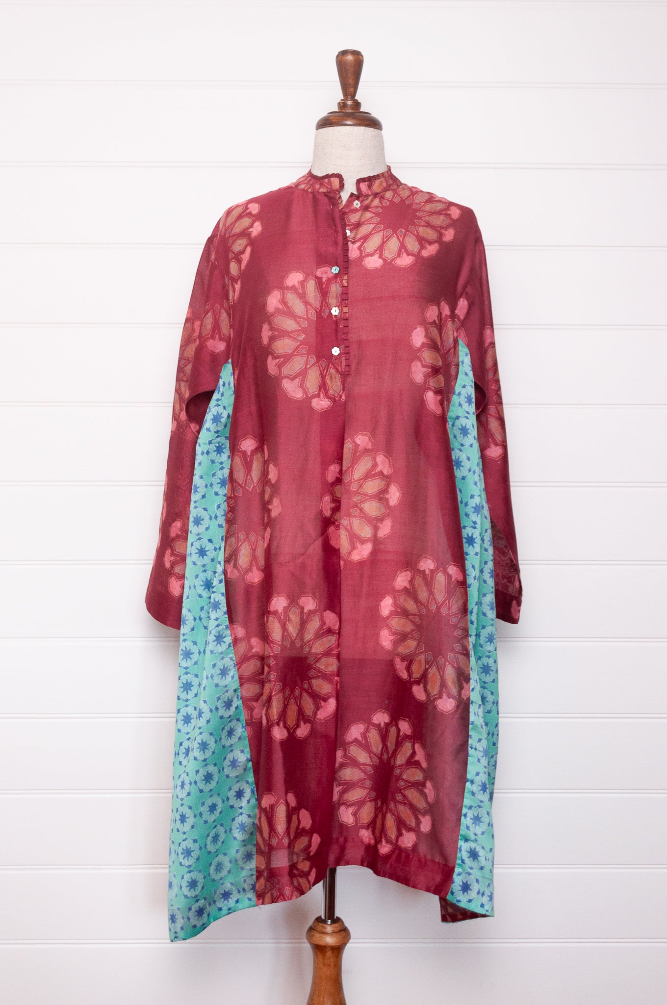 Blockprint cotton silk gathered side panel button up dress. In wine red and aqua blue.