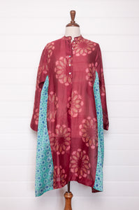 Blockprint cotton silk gathered side panel button up dress. In wine red and aqua blue.