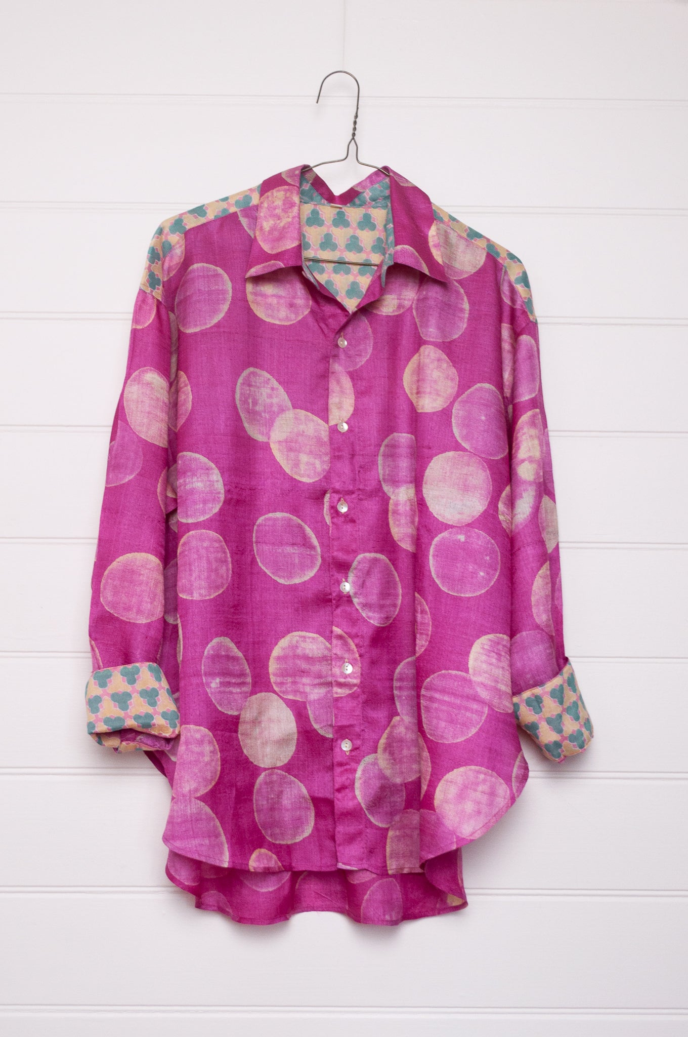 Block print tussar silk shirt in magenta dots.