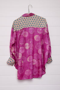 Block print tussar silk shirt in magenta dots.