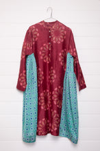 Load image into Gallery viewer, Blockprint cotton silk gathered side panel button up dress. In wine red and aqua blue.