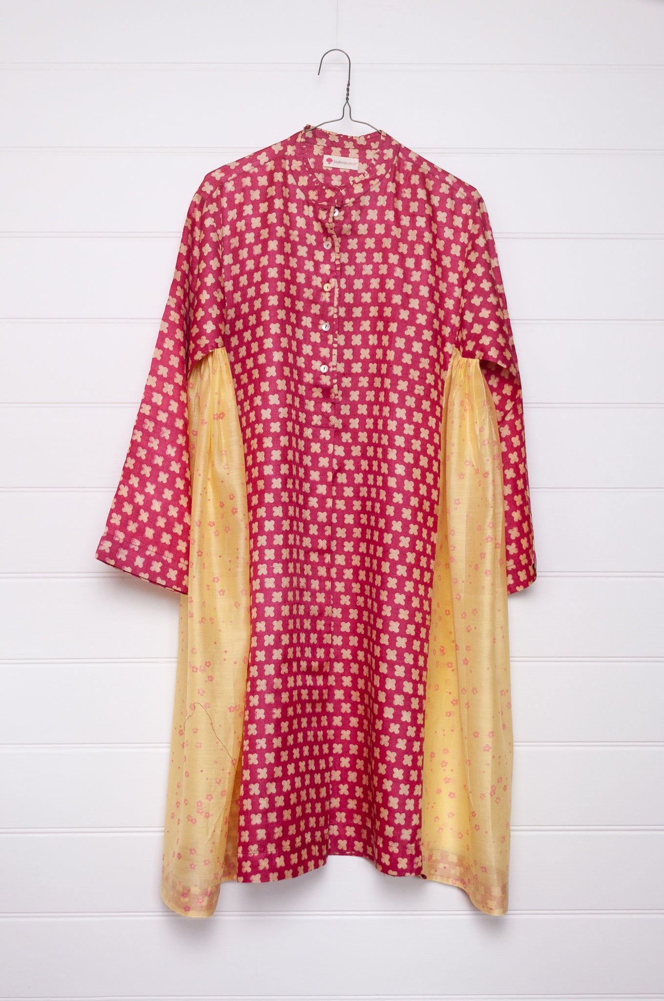 Blockprint tussar and cotton silk button up dress in red with yellow side panels.