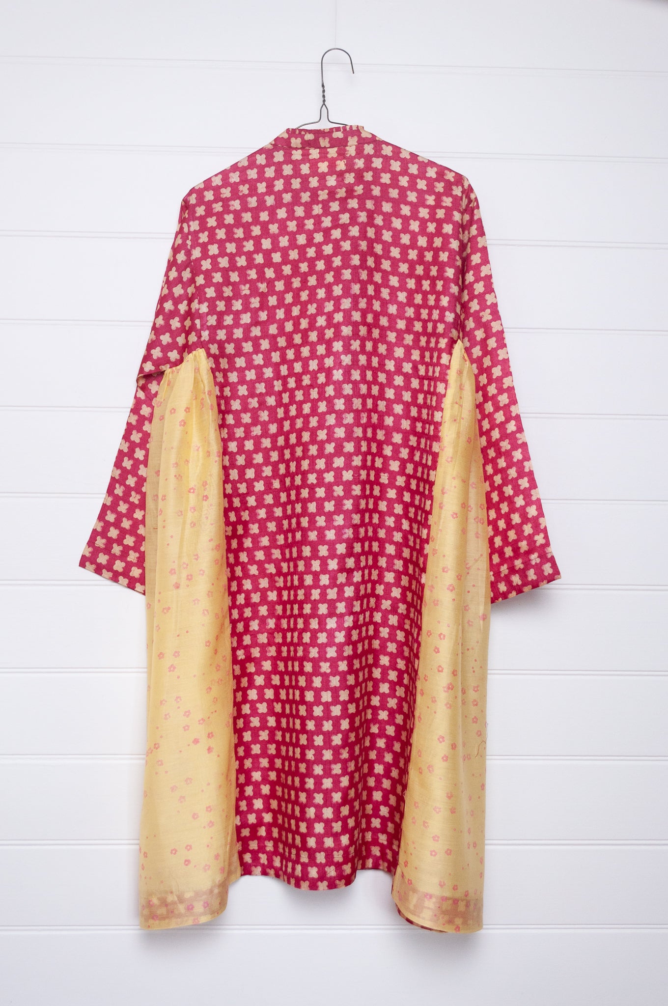 Blockprint tussar and cotton silk button up dress in red with yellow side panels.