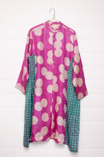 Load image into Gallery viewer, Blockprint tussar and cotton silk button up dress in magenta dot with aqua side panels.