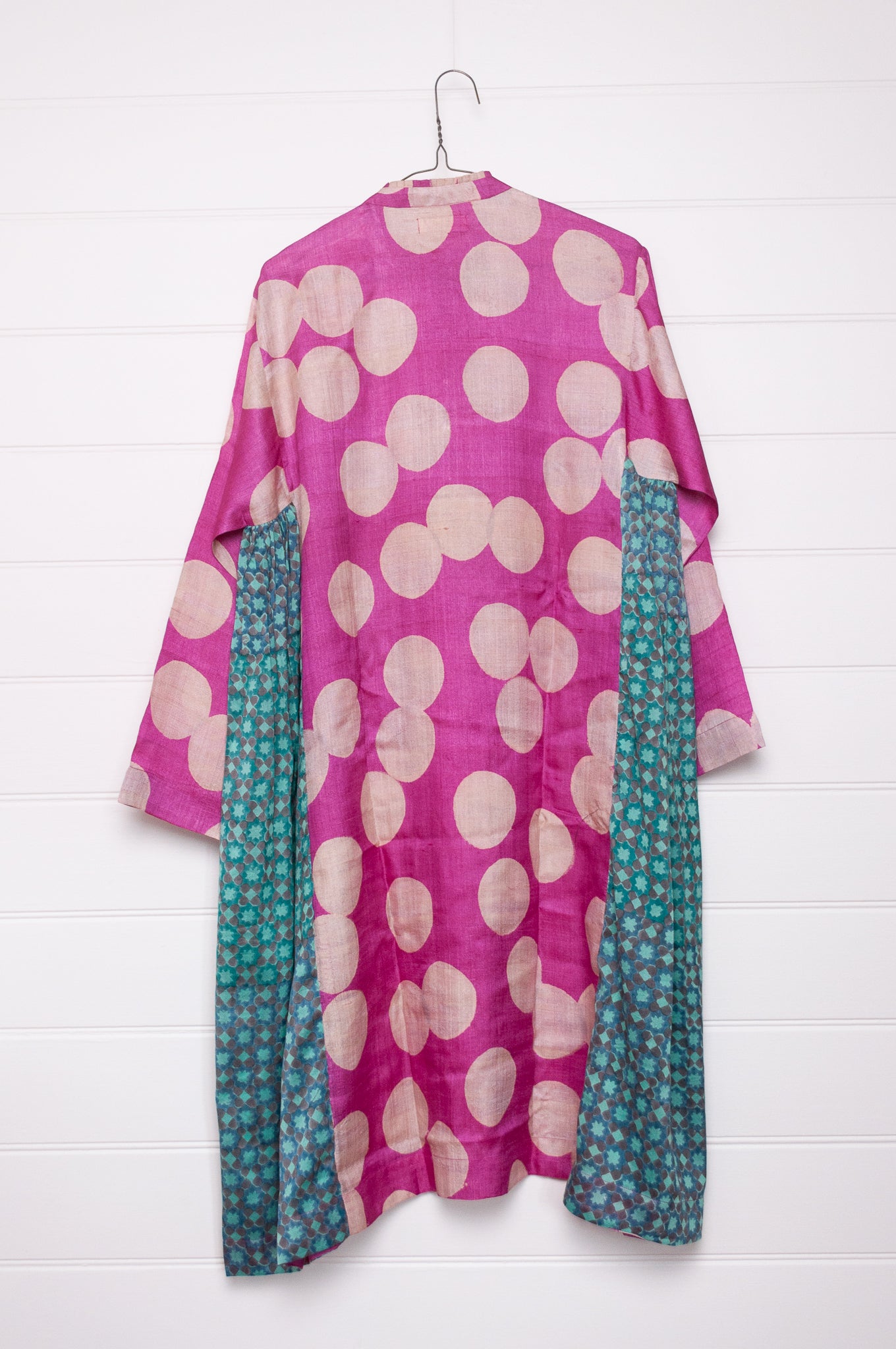 Blockprint tussar and cotton silk button up dress in magenta dot with aqua side panels.