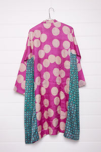 Blockprint tussar and cotton silk button up dress in magenta dot with aqua side panels.