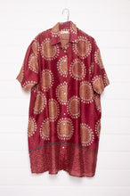 Load image into Gallery viewer, Blockprint cotton silk button up shirt dress in wine red.