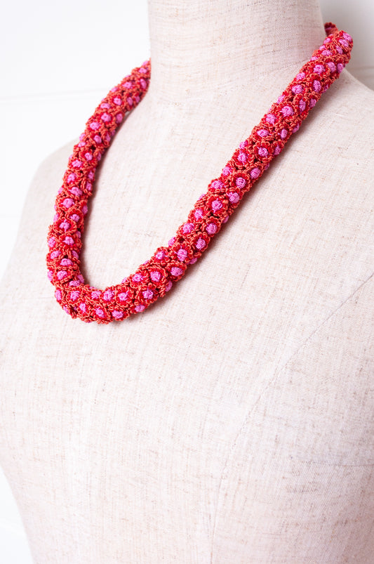 Moroccan button Latifa necklace in rose pink button flowers.