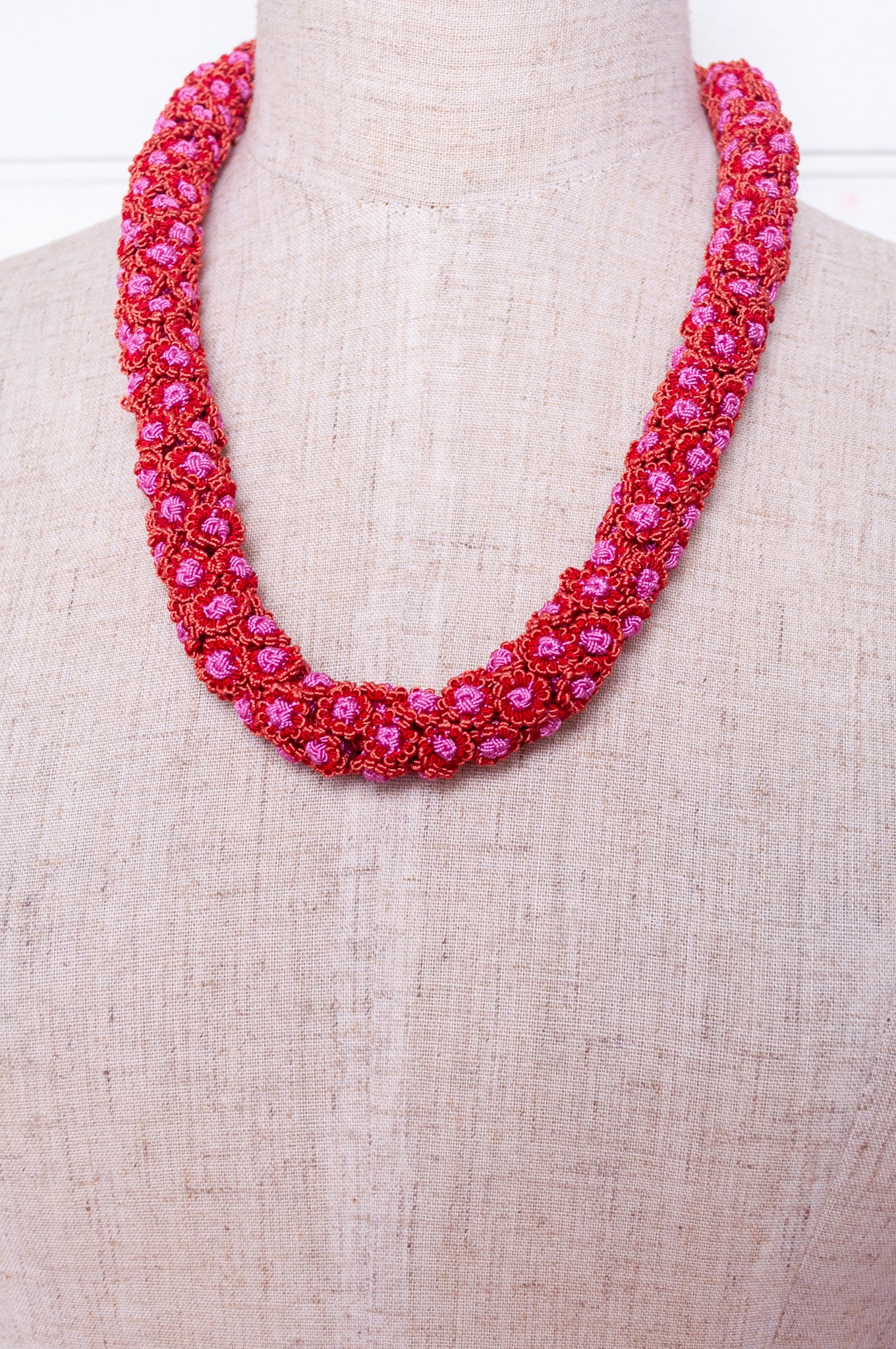Moroccan button Latifa necklace in rose pink button flowers.