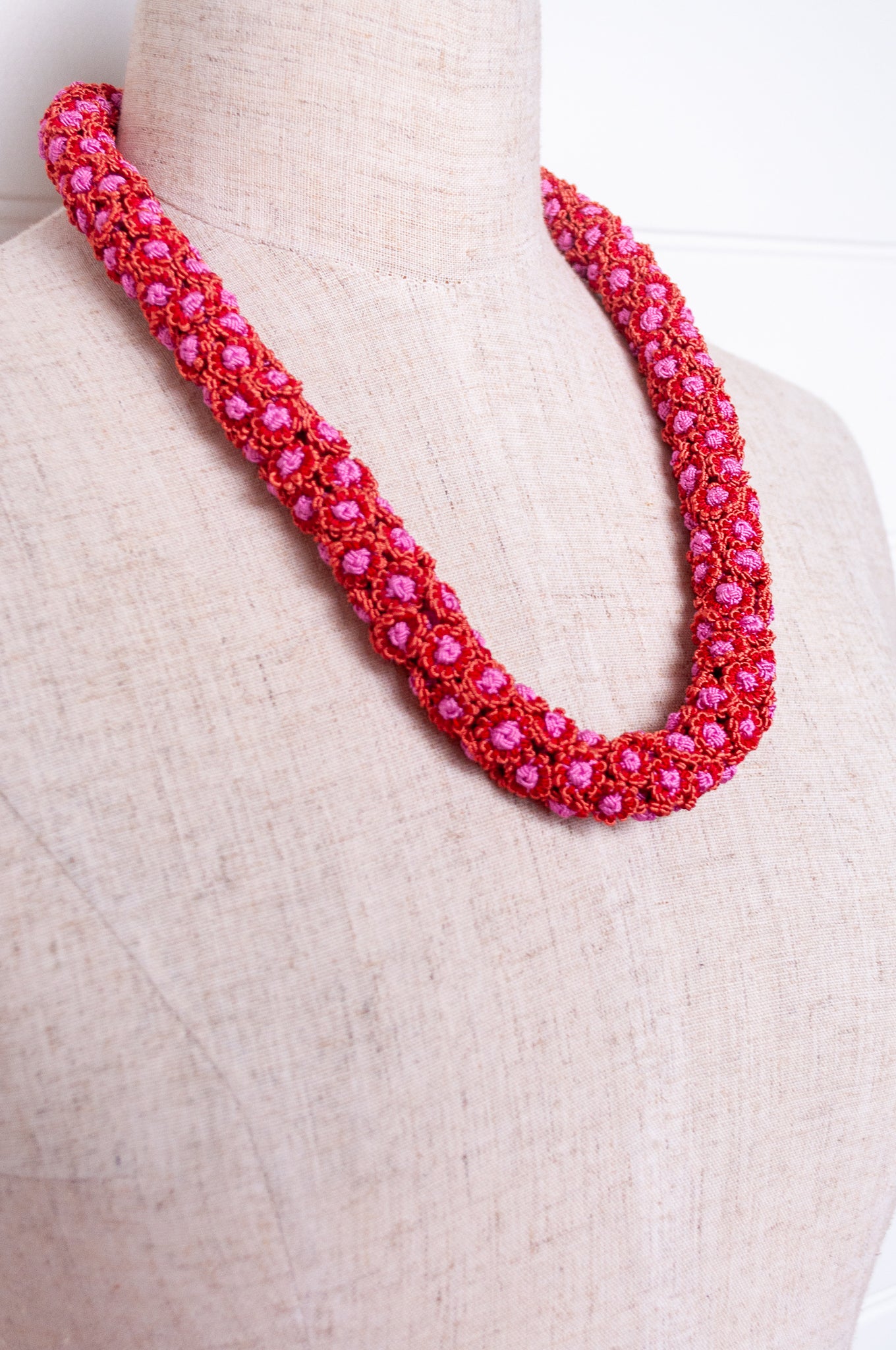 Moroccan button Latifa necklace in rose pink button flowers.
