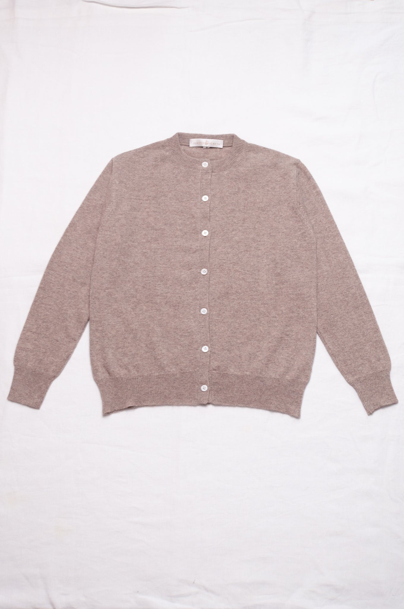 Juniper Hearth classic slimline cashmere cardigan in beige brown.