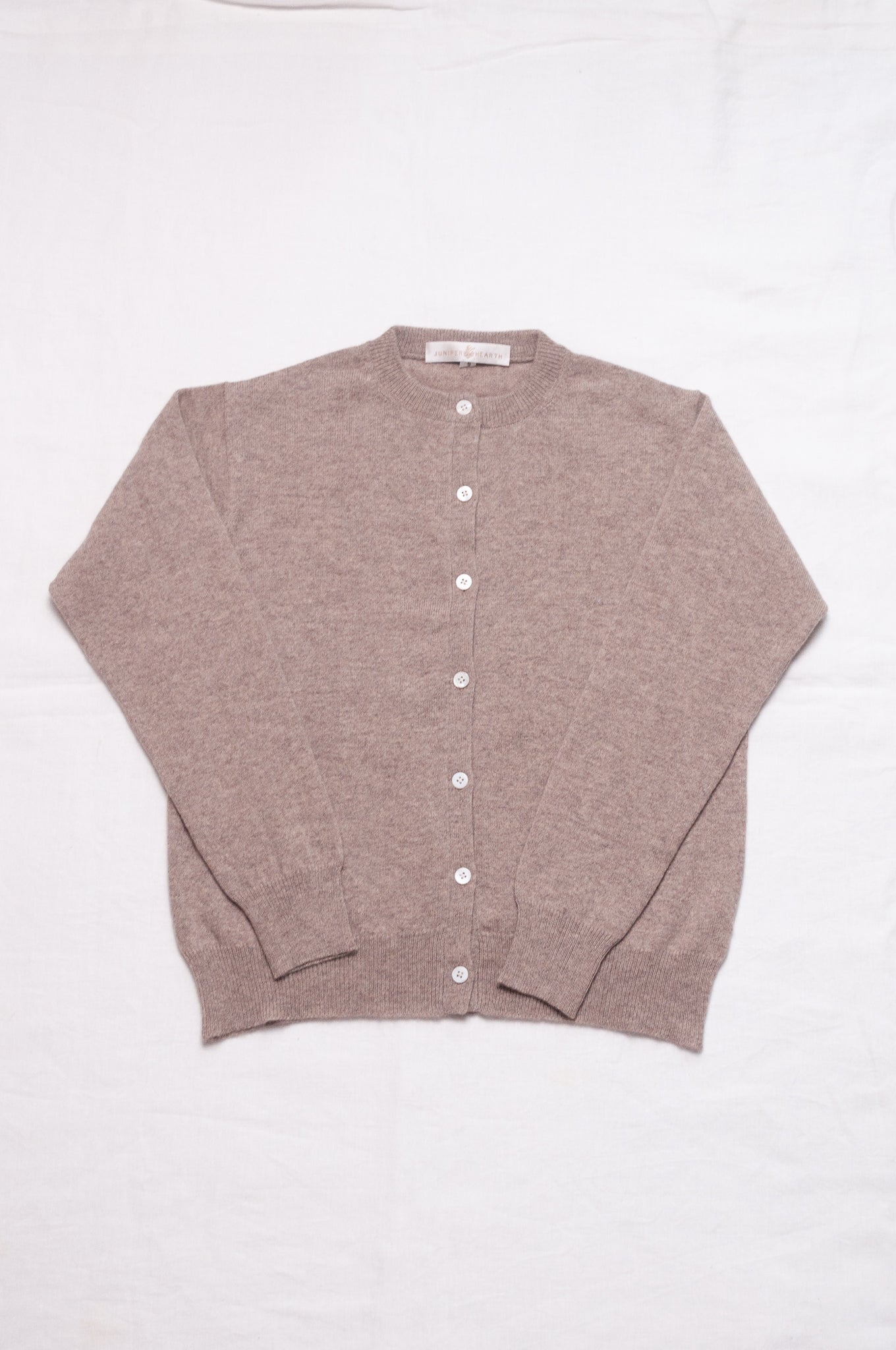 Juniper Hearth classic slimline cashmere cardigan in beige brown.
