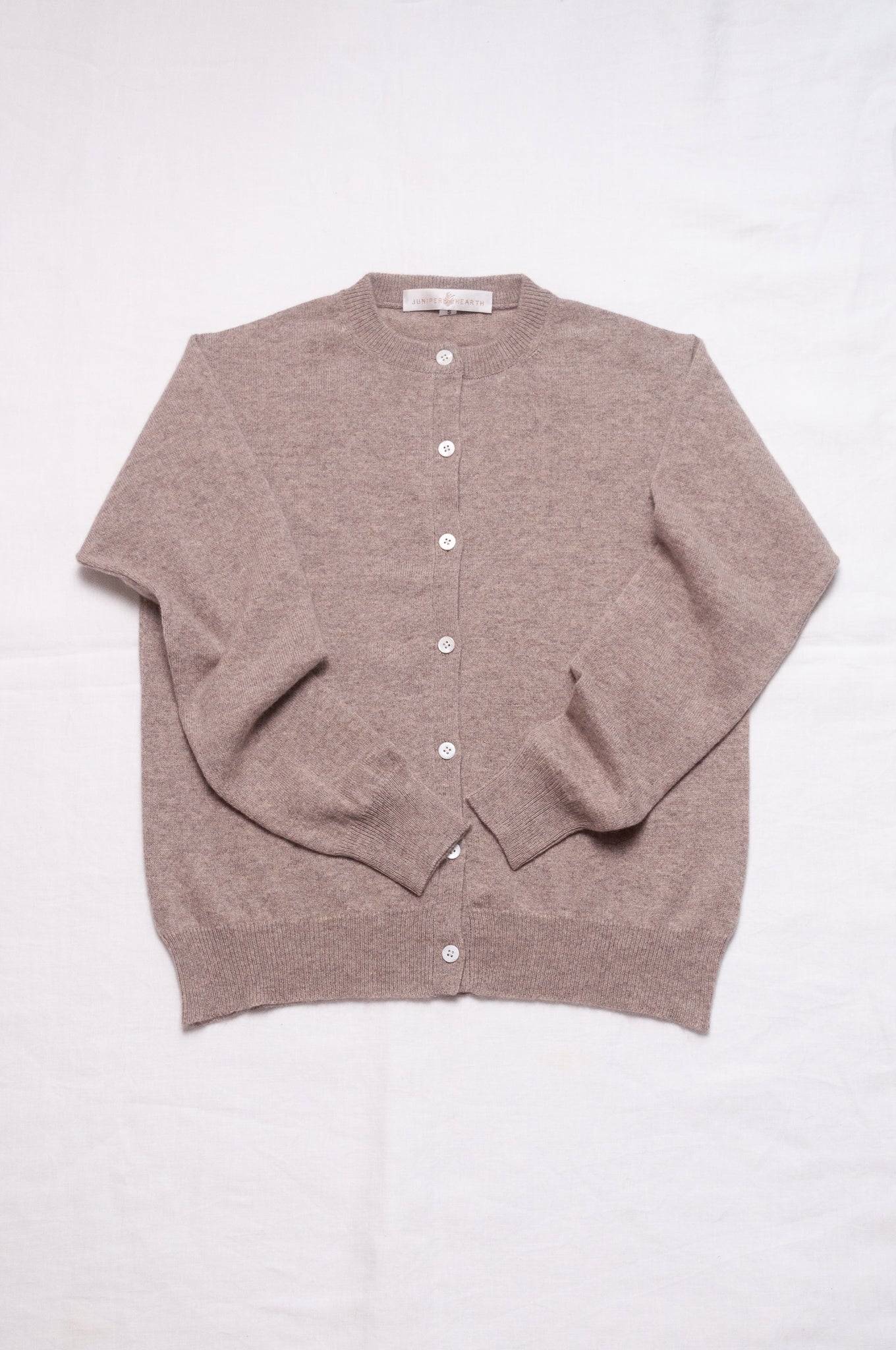 Juniper Hearth classic slimline cashmere cardigan in beige brown.