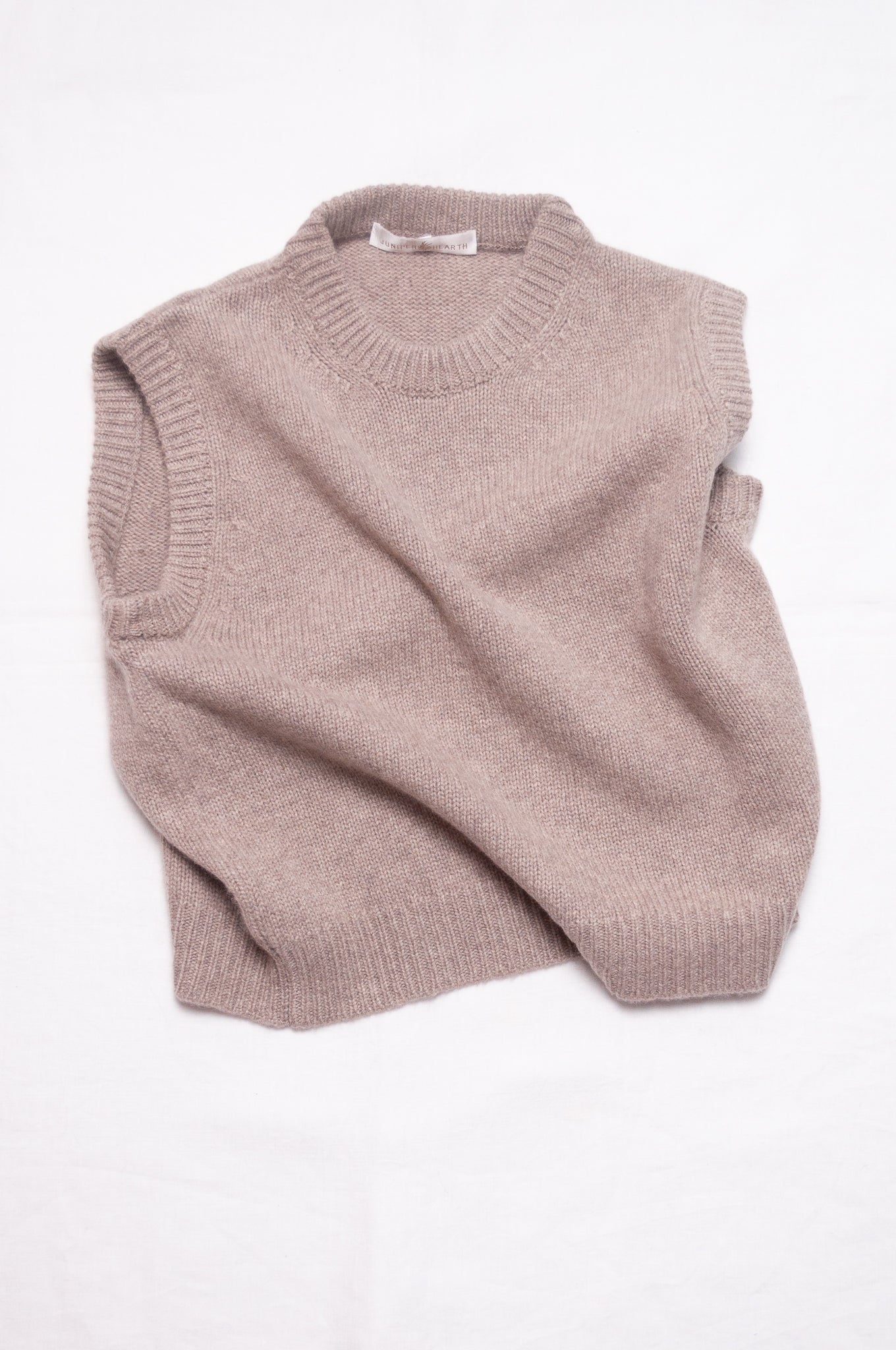 Juniper Hearth cashmere vest in beige brown.