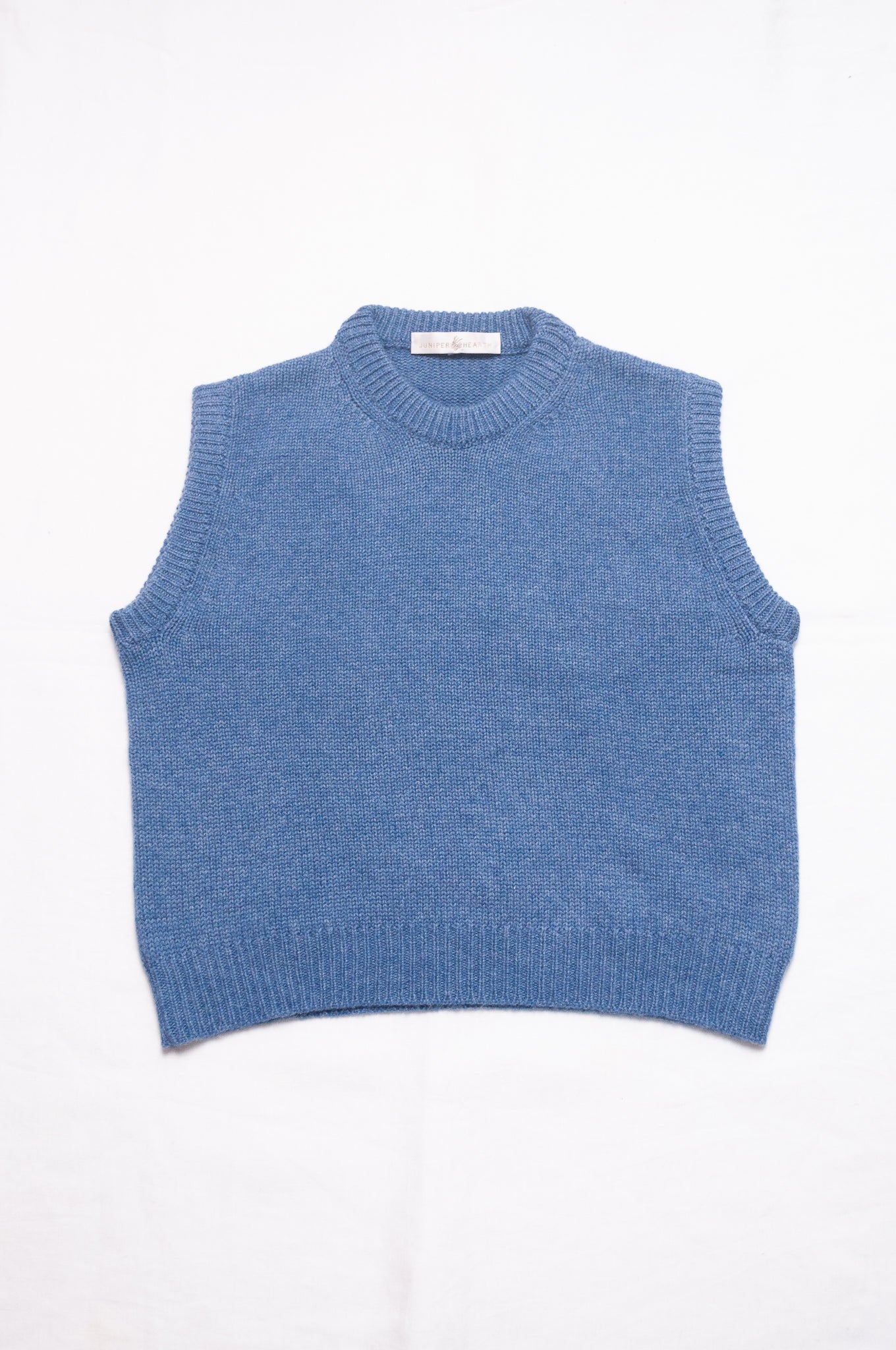 Juniper Hearth cashmere vest in denim blue.