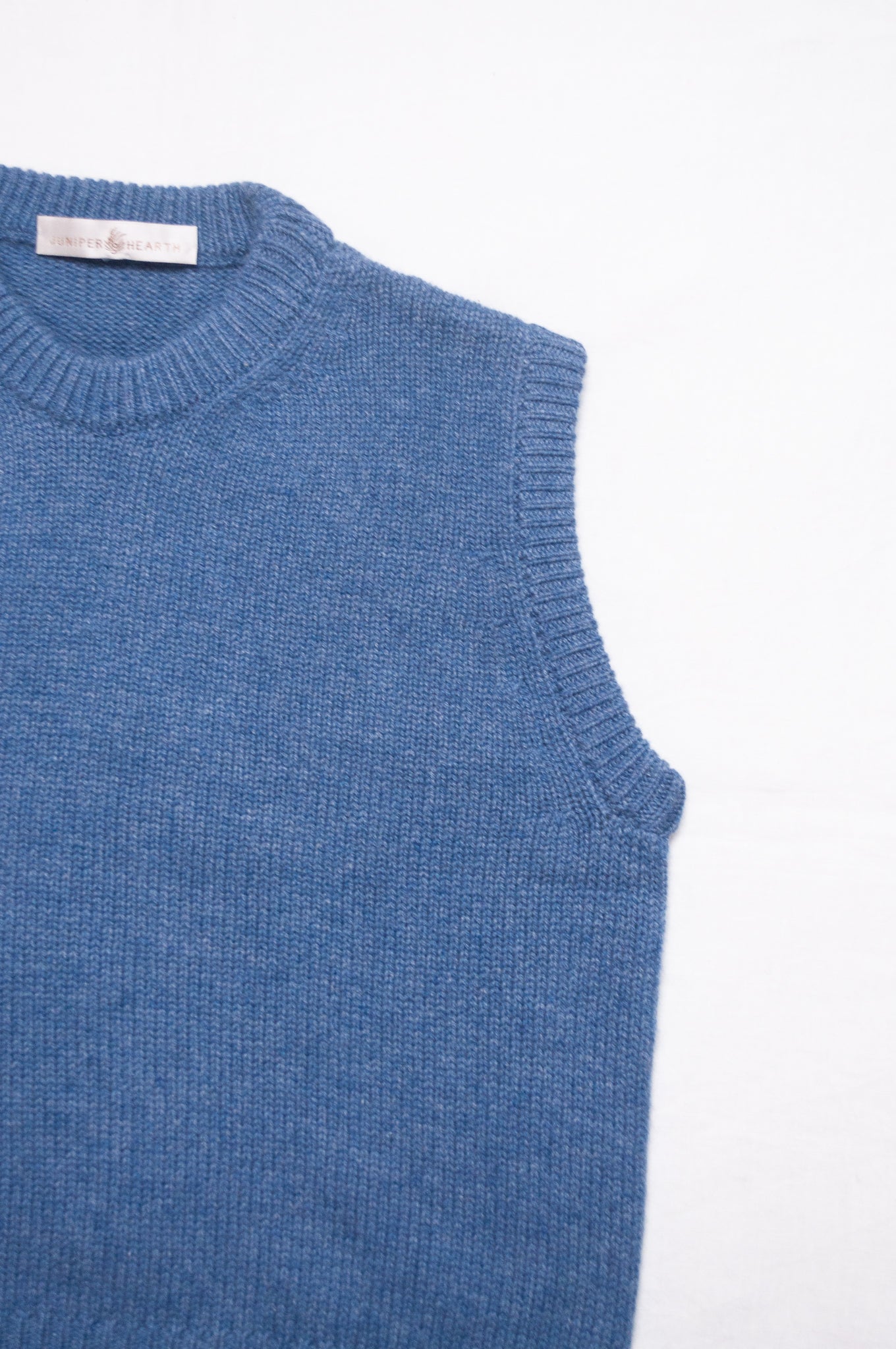 Juniper Hearth cashmere vest in denim blue.