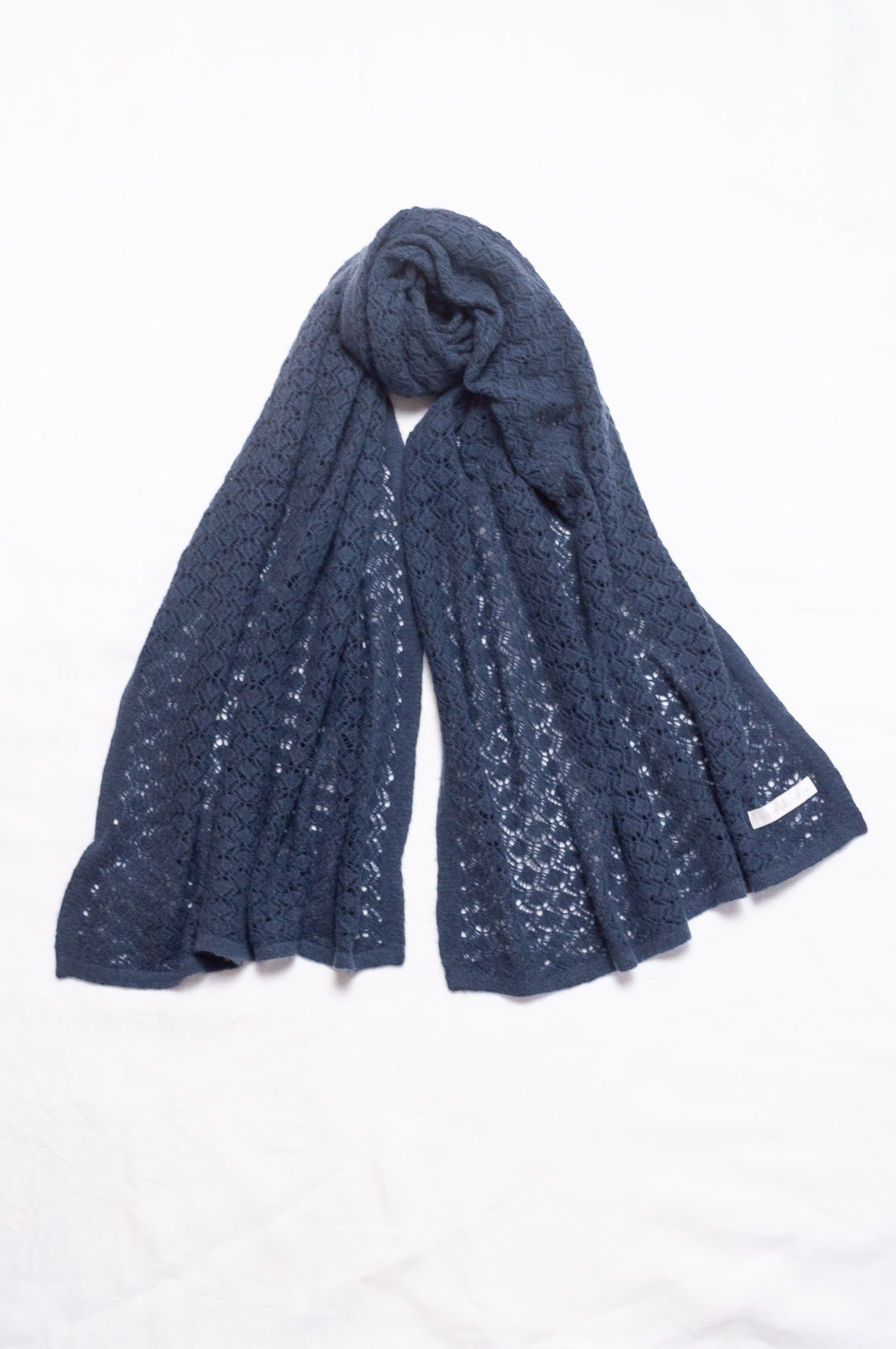 Cashmere wool blend lace work scarf wrap shawl in slate blue grey.