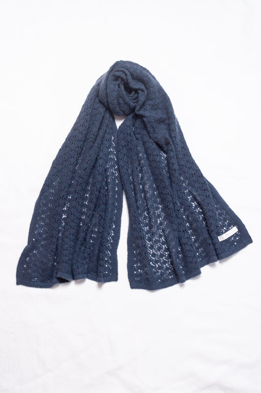Cashmere wool blend lace work scarf wrap shawl in slate blue grey.