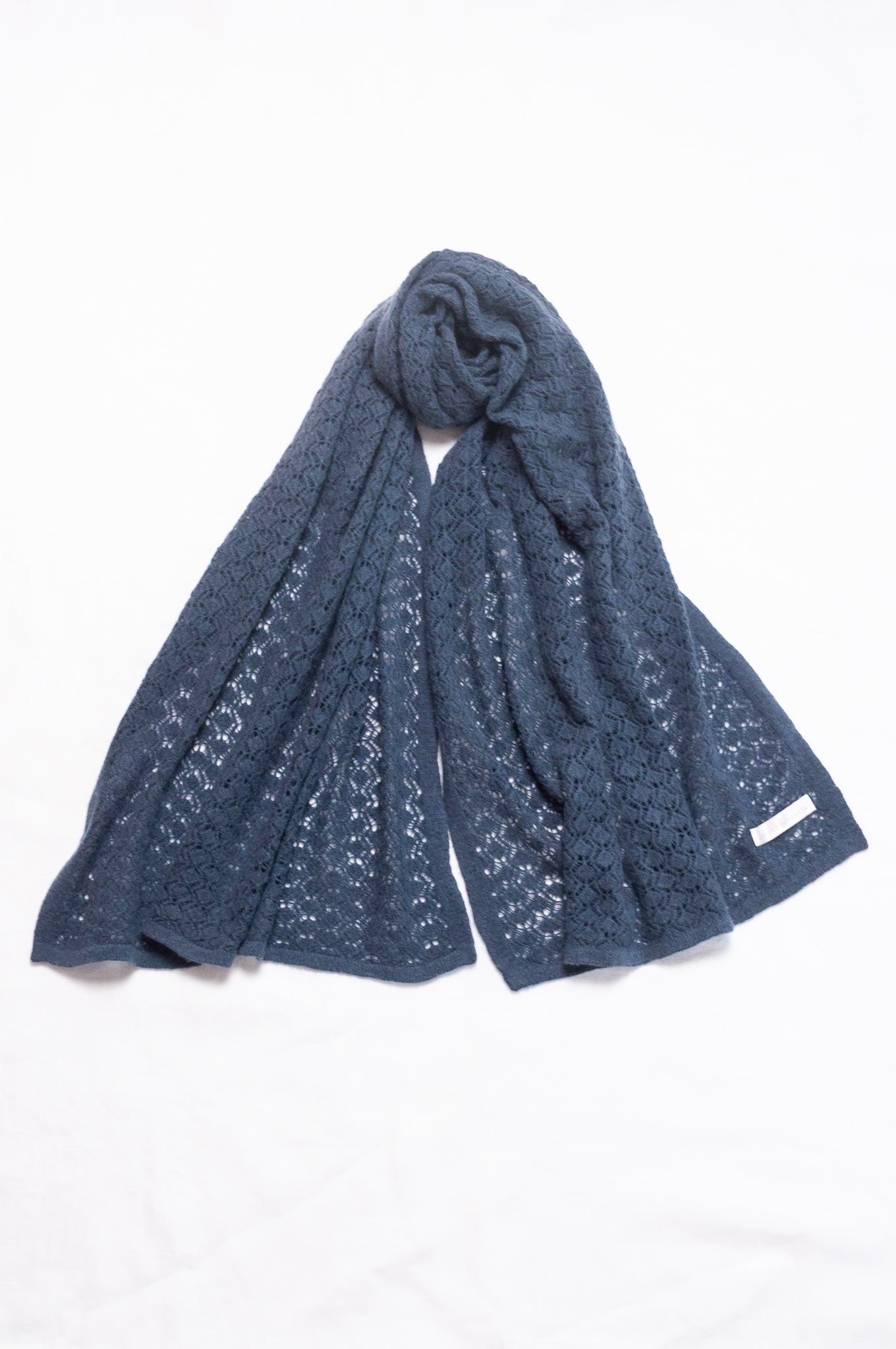 Cashmere wool blend lace work scarf wrap shawl in slate blue grey.