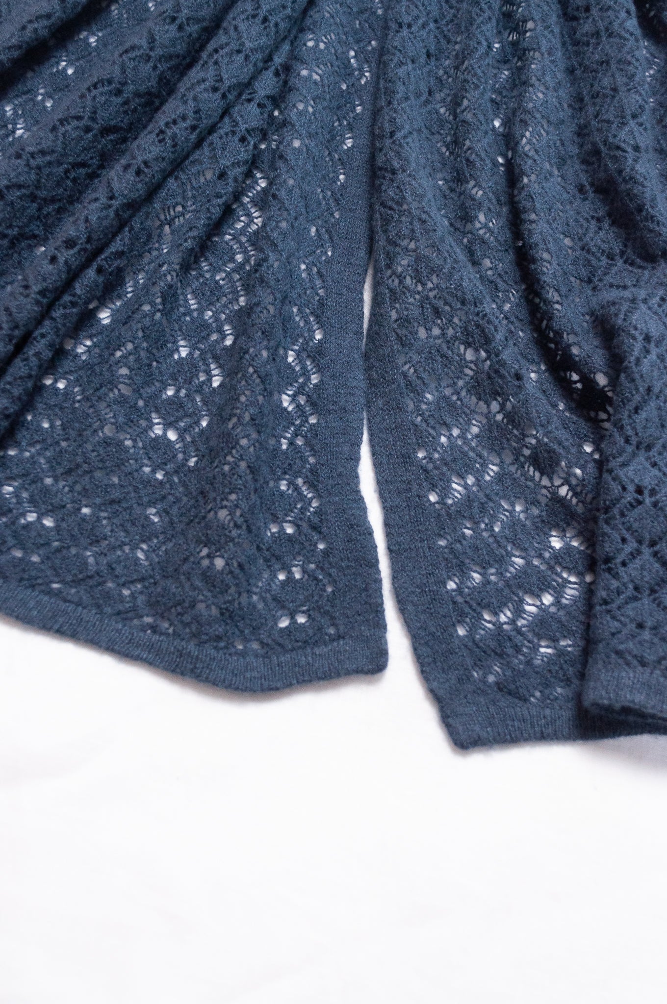 Cashmere wool blend lace work scarf wrap shawl in slate blue grey.