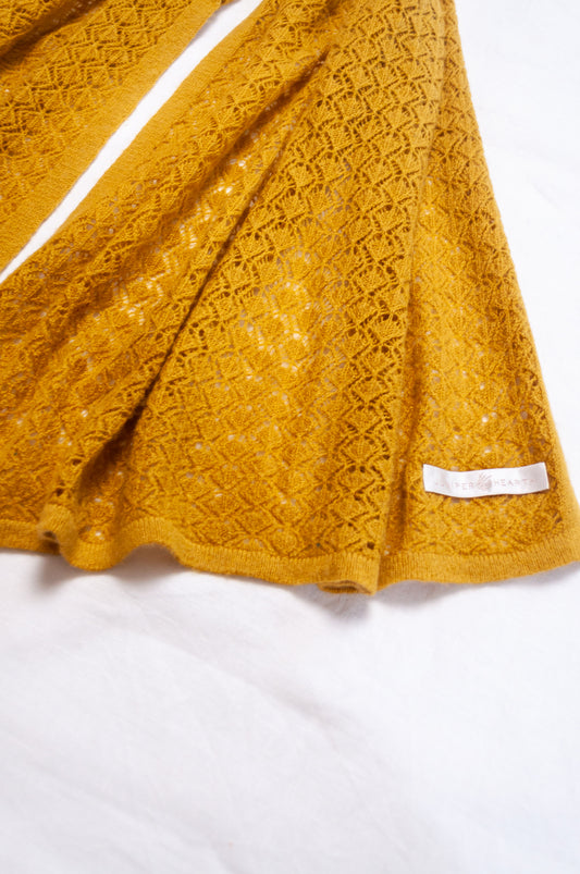Cashmere wool blend lace work scarf wrap shawl in amber yellow mustard.