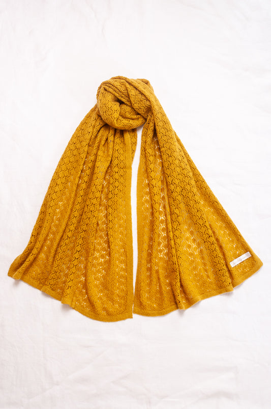 Cashmere wool blend lace work scarf wrap shawl in amber yellow mustard.