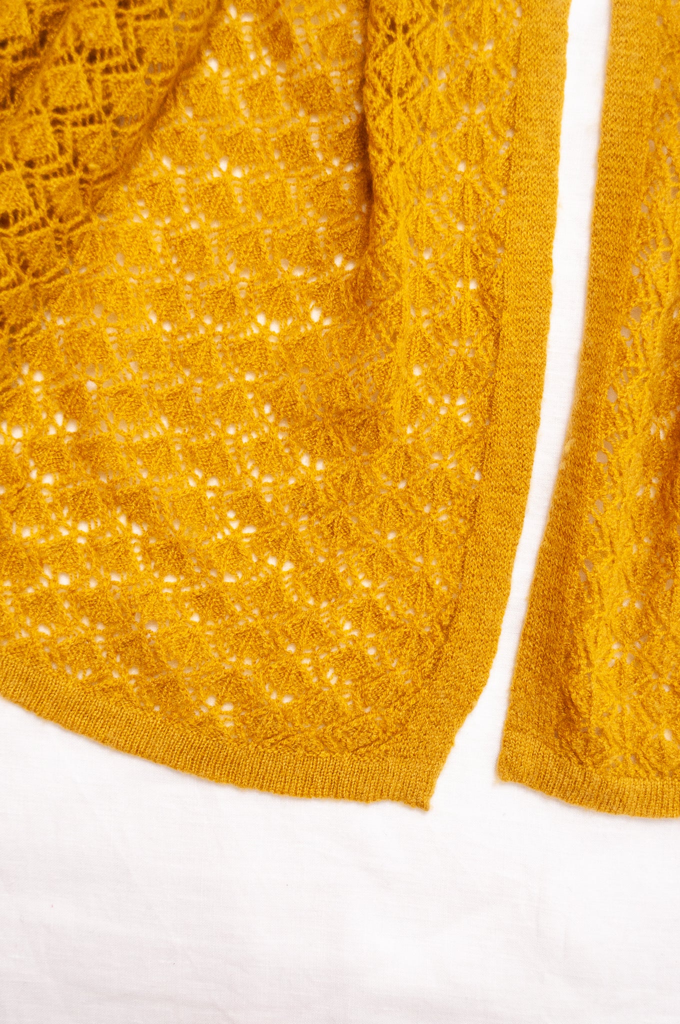 Cashmere wool blend lace work scarf wrap shawl in amber yellow mustard.