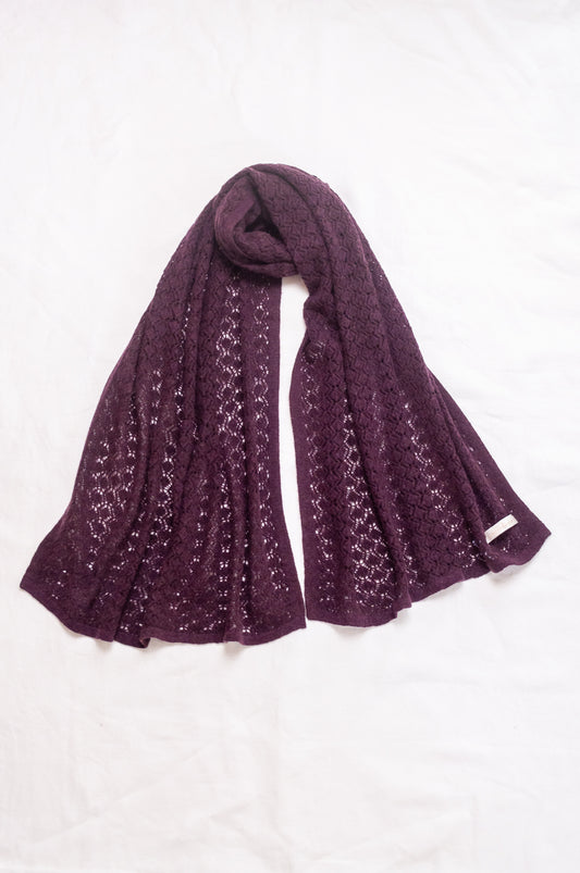 Cashmere wool blend lace work scarf wrap shawl in aubergine.
