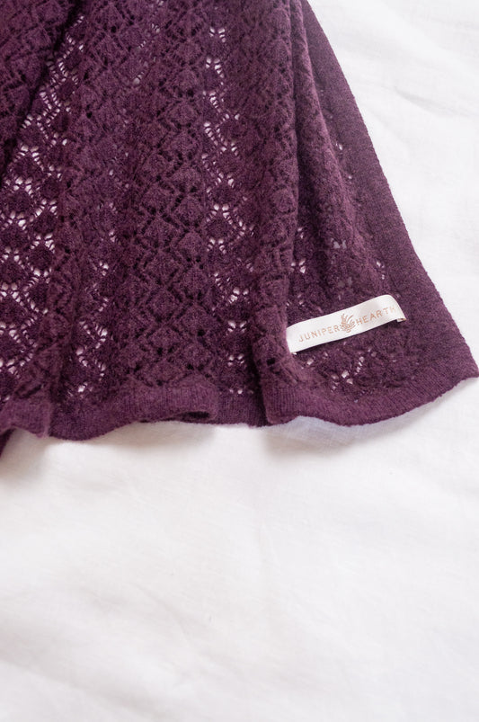 Cashmere wool blend lace work scarf wrap shawl in aubergine.