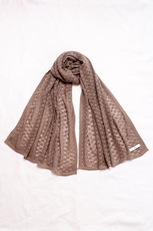 Cashmere wool blend lace work scarf wrap shawl in oatmeal beige chestnut.