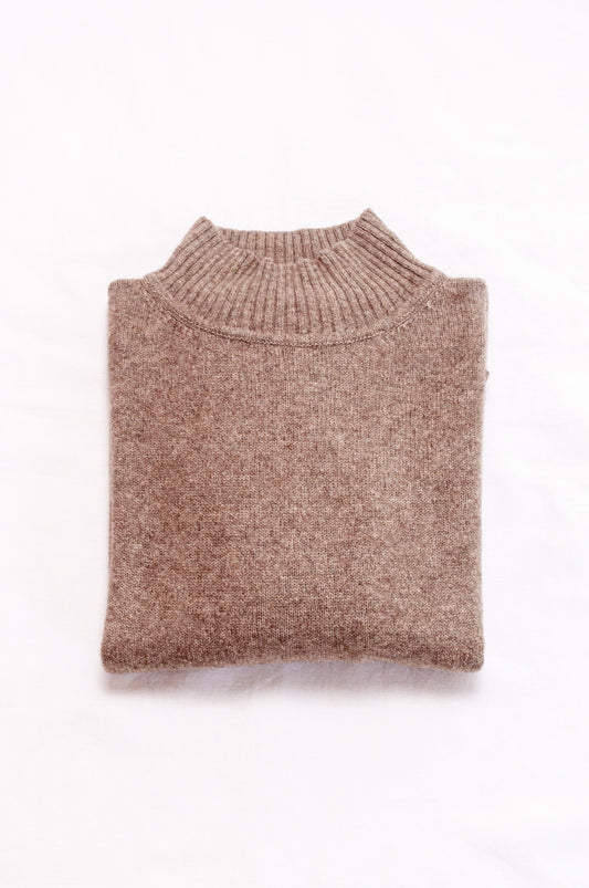 Maxim one size turtle neck rib sleeve sweater in natural baby yak wool.