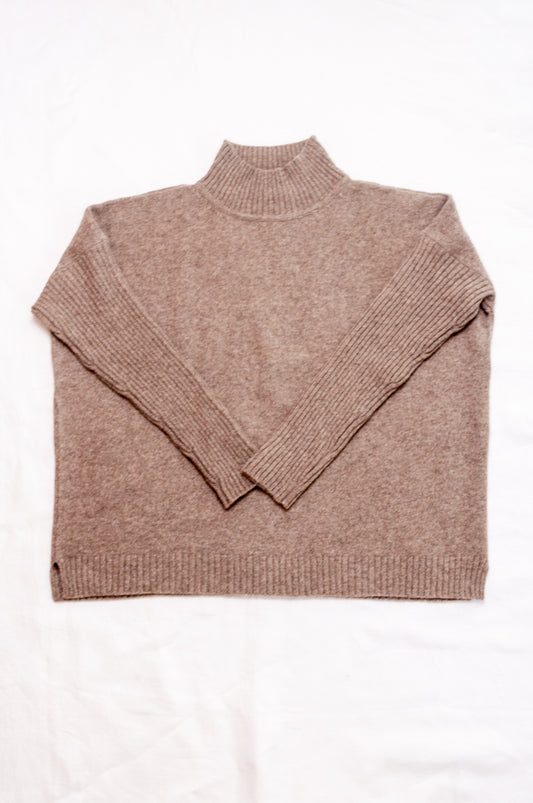 Maxim one size turtle neck rib sleeve sweater in natural baby yak wool.
