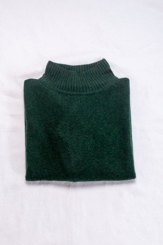 Baby yak wool Maxim one size turtle neck sweater with rib sleeves in dark hunter green forest green.