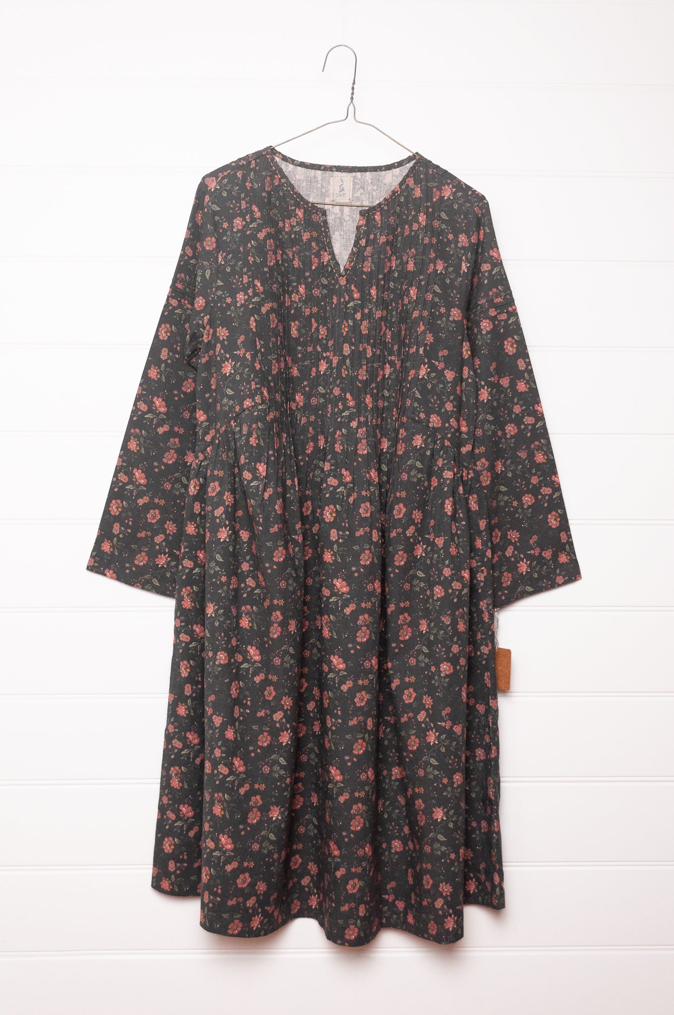 DVE Bhavya cotton linen floral print on charcoal long sleeve dress.
