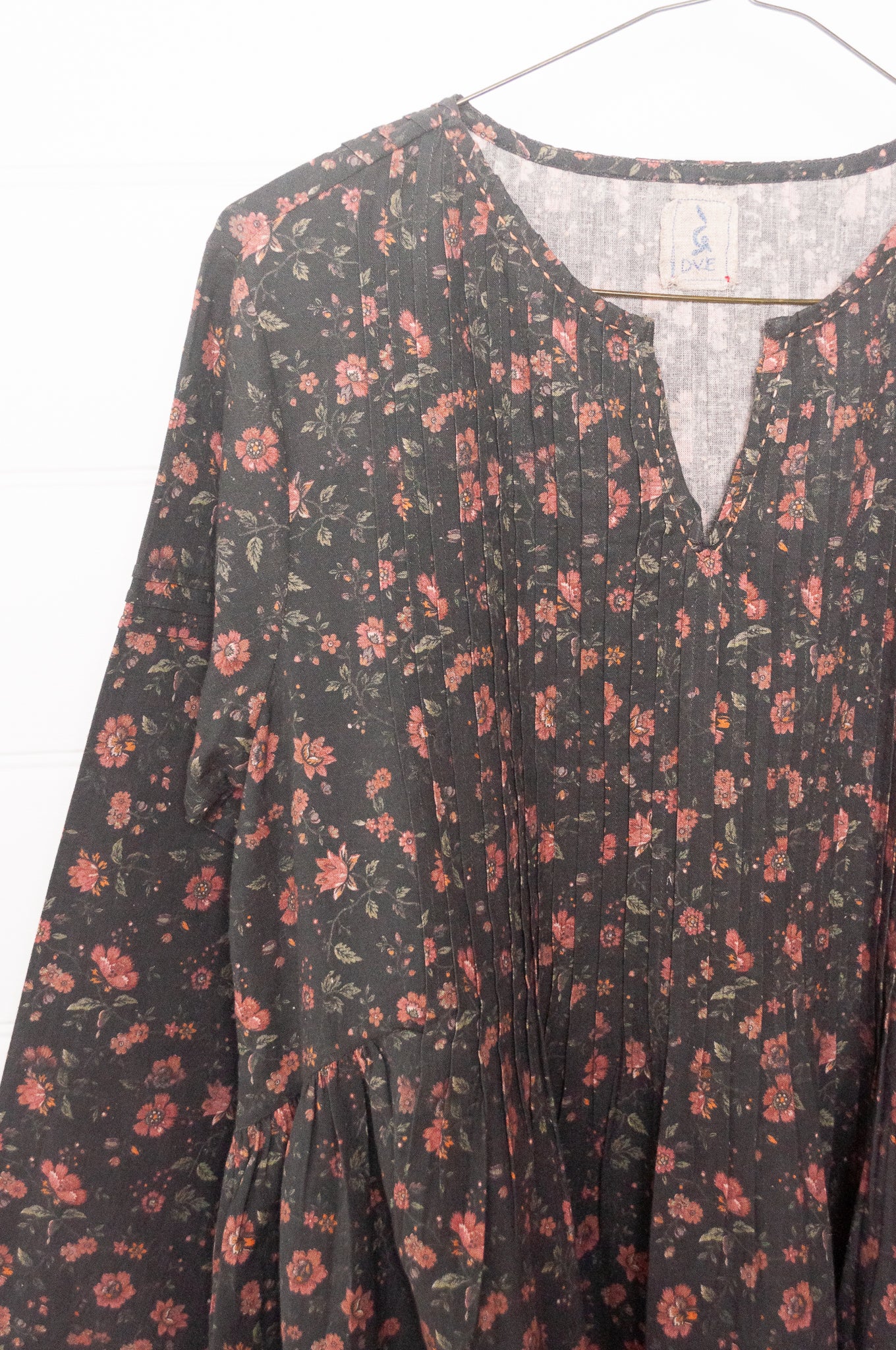 DVE Bhavya cotton linen floral print on charcoal long sleeve dress.