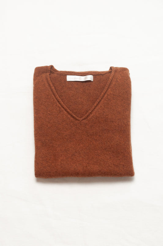 Baby yak wool Iris sweater V-neck loose fit in rust brown.