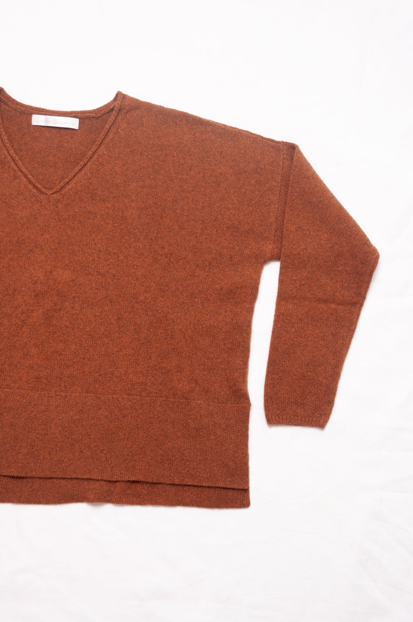 Baby yak wool Iris sweater V-neck loose fit in rust brown.