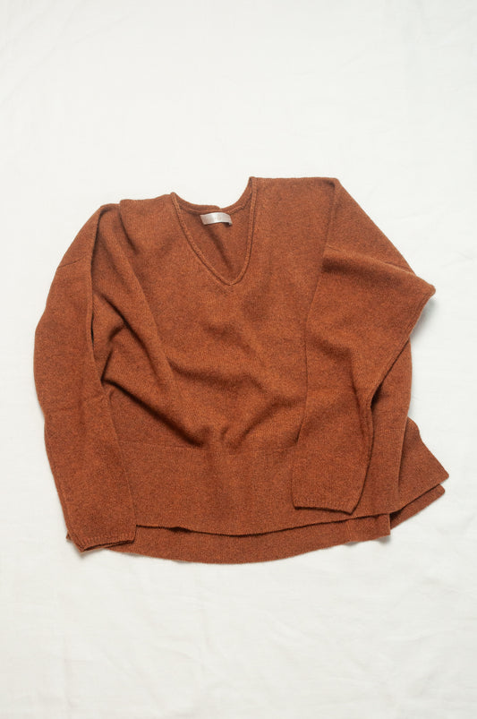 Baby yak wool Iris sweater V-neck loose fit in rust brown.