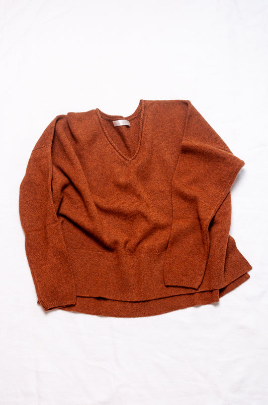 Baby yak wool Iris sweater V-neck loose fit in rust brown.