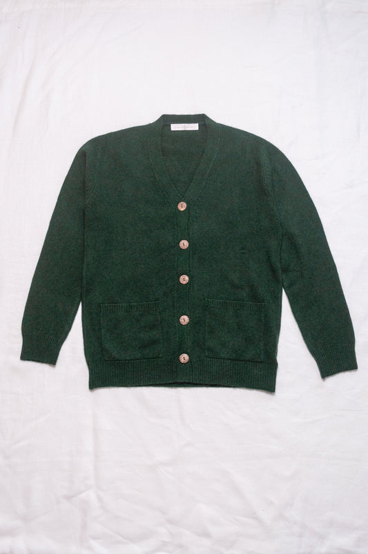 Baby yak wool Ines V-neck button up cardigan in hunter green.