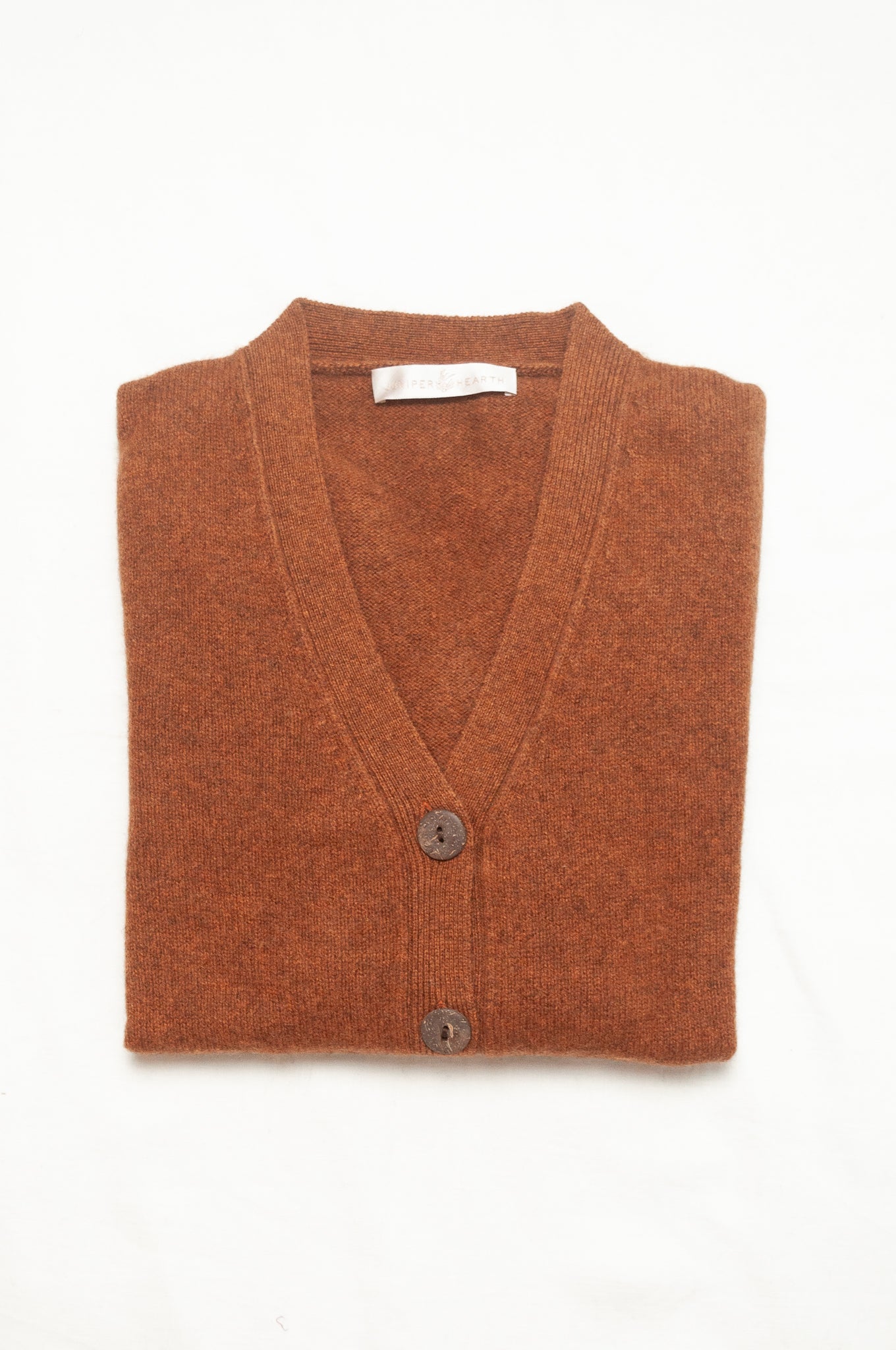 Baby yak wool Ines V-neck button up cardigan in rust brown.