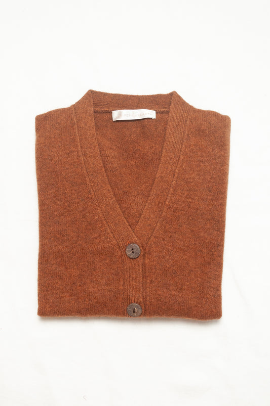 Baby yak wool Ines V-neck button up cardigan in rust brown.