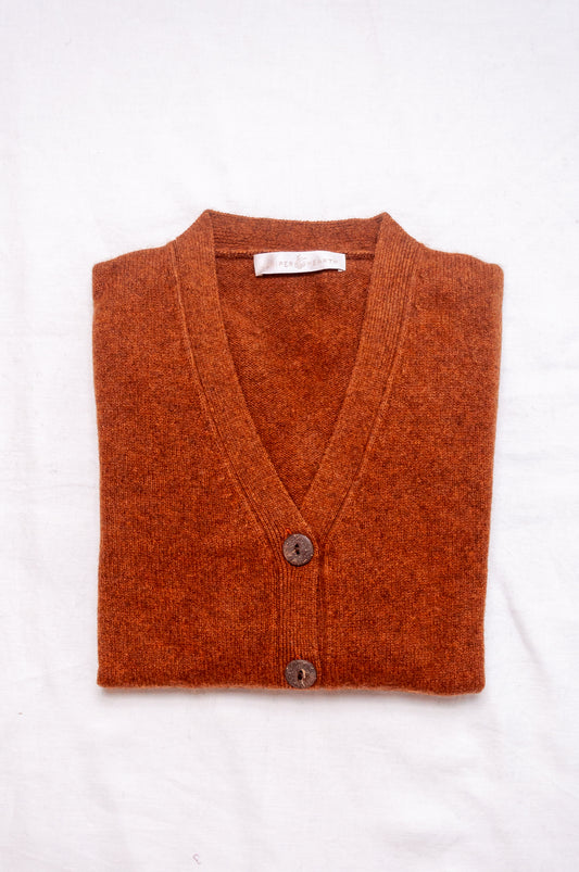Baby yak wool Ines V-neck button up cardigan in rust brown.
