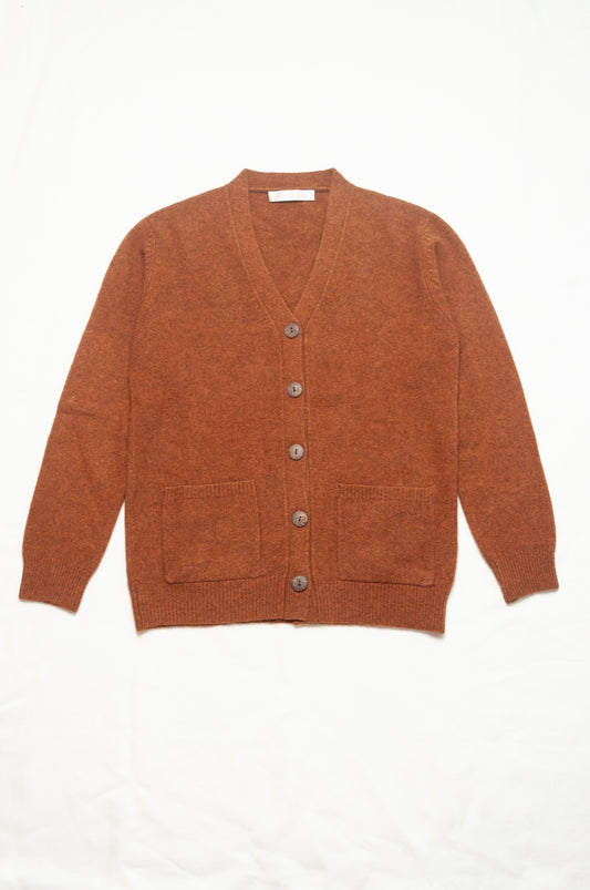 Baby yak wool Ines V-neck button up cardigan in rust brown.