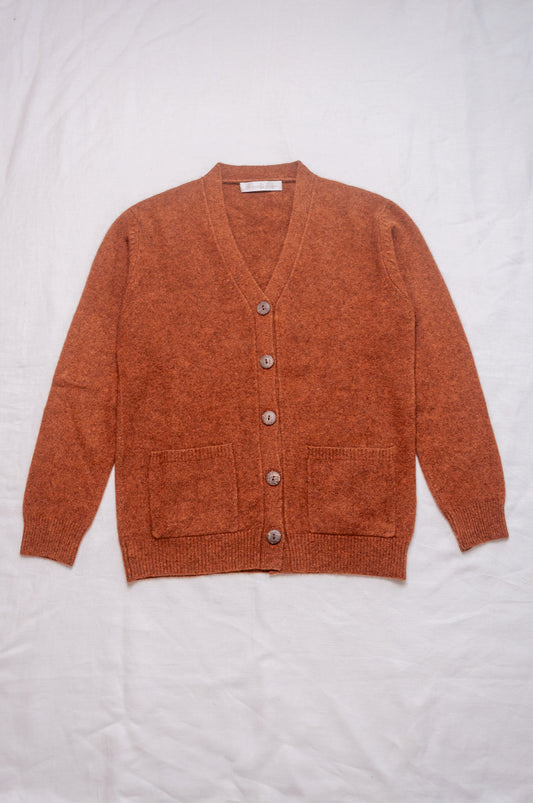 Baby yak wool Ines V-neck button up cardigan in rust brown.