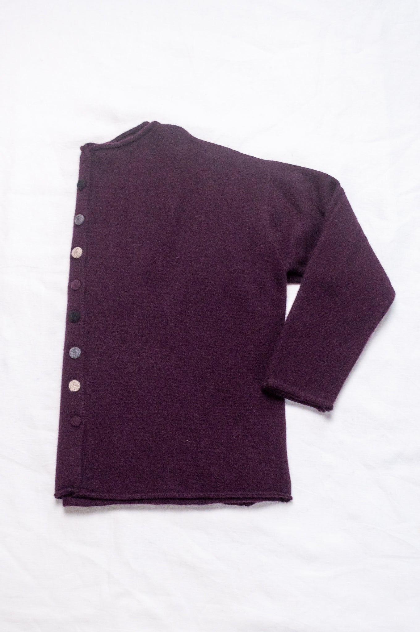 One size reversible baby yak wool cardigan in aubergine.