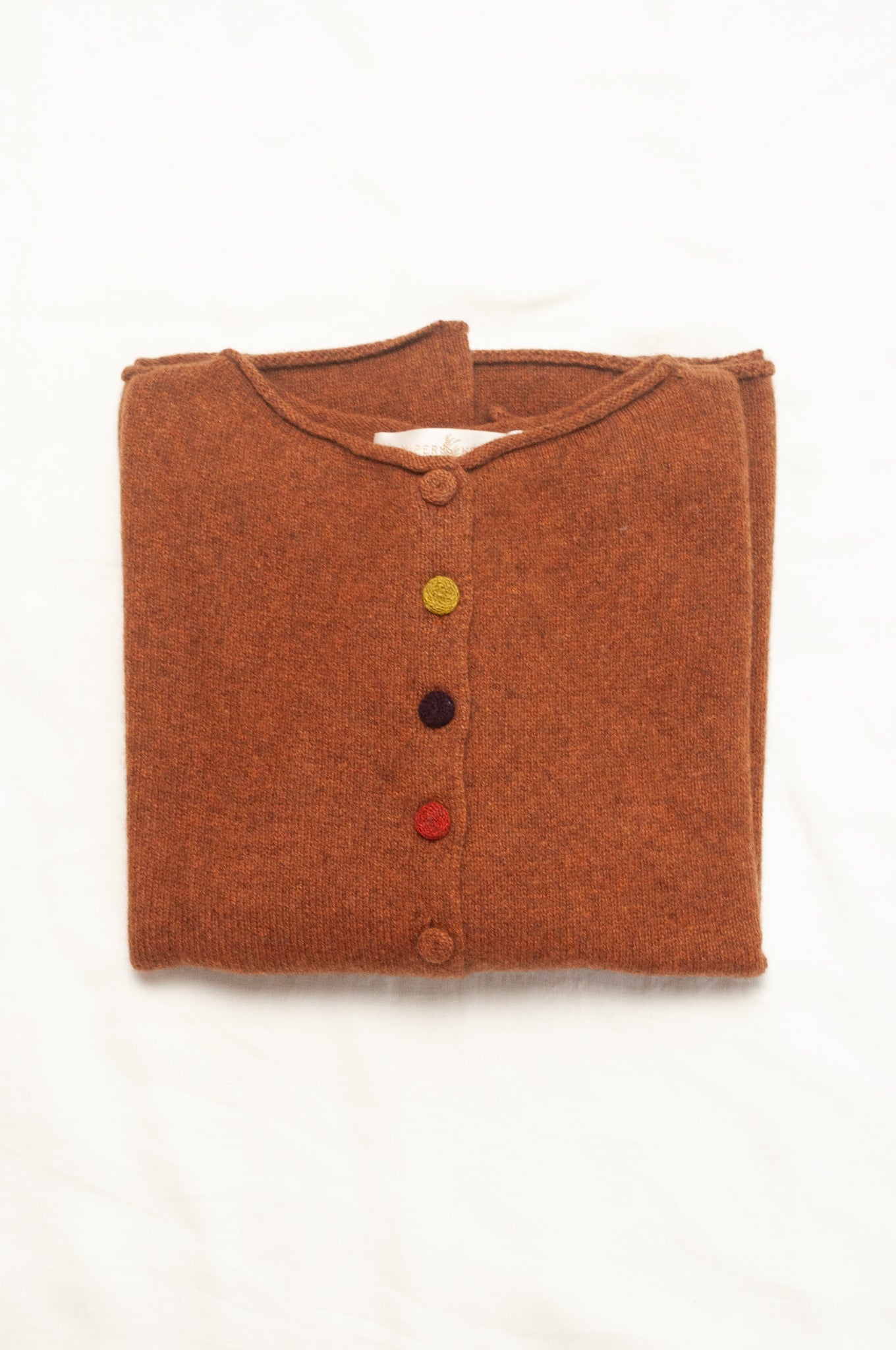 One size reversible baby yak wool cardigan in rust brown.